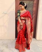 DEIANA'S Beautiful Designer Golden zari Soft Lichi Silk Saree - Red