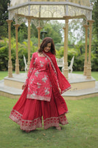 Vastranavya Premium Designer Printed With Sequins & Thread Embroidered work Kurti Palazzo & Dupatta - Red
