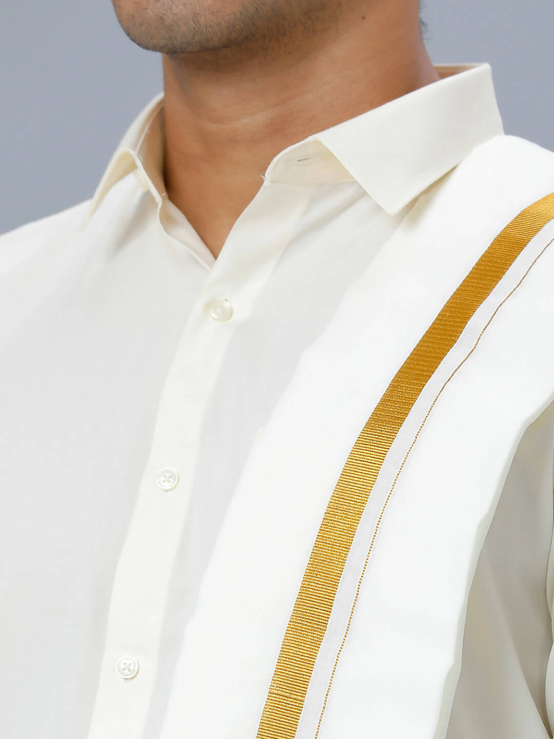 Ramraj Cotton Mens Wedding Cream Regular Dhoti, Shirt & Towel Set Subhakalyan 3/4"