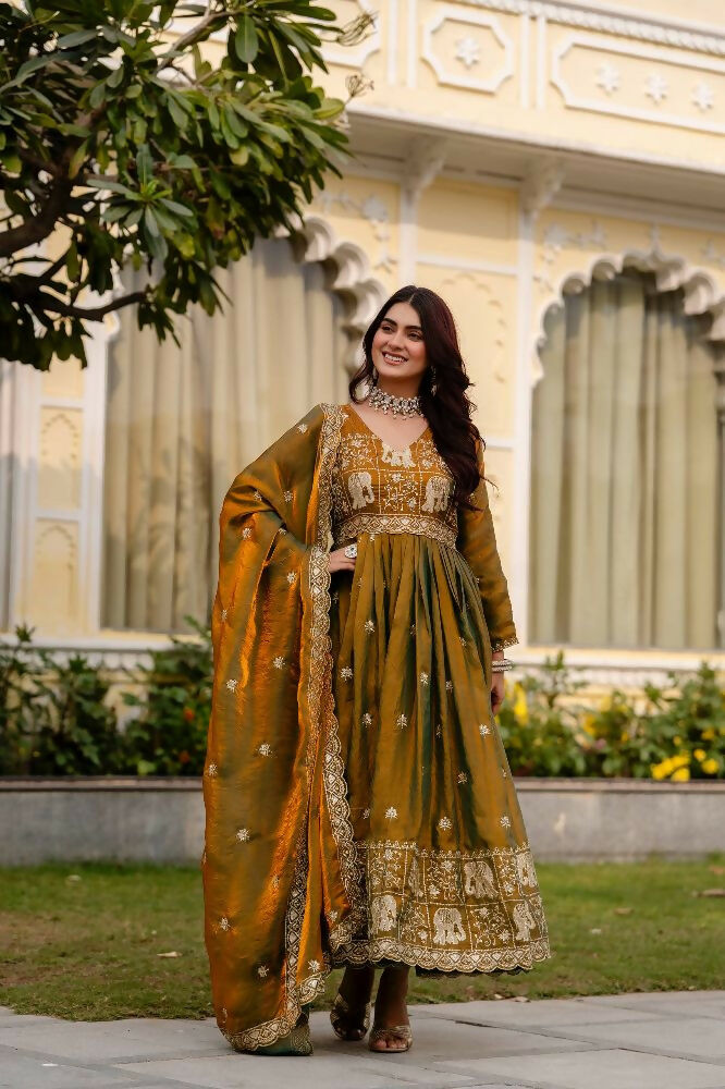 Teeya Creation Mehendi Primium Fendy Satin Silk Embroidery Work Wedding Wear Gown - Distacart