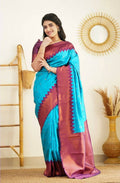 DEIANA'S Beautiful Designer Golden zari Soft Lichi Silk Saree - Firozi