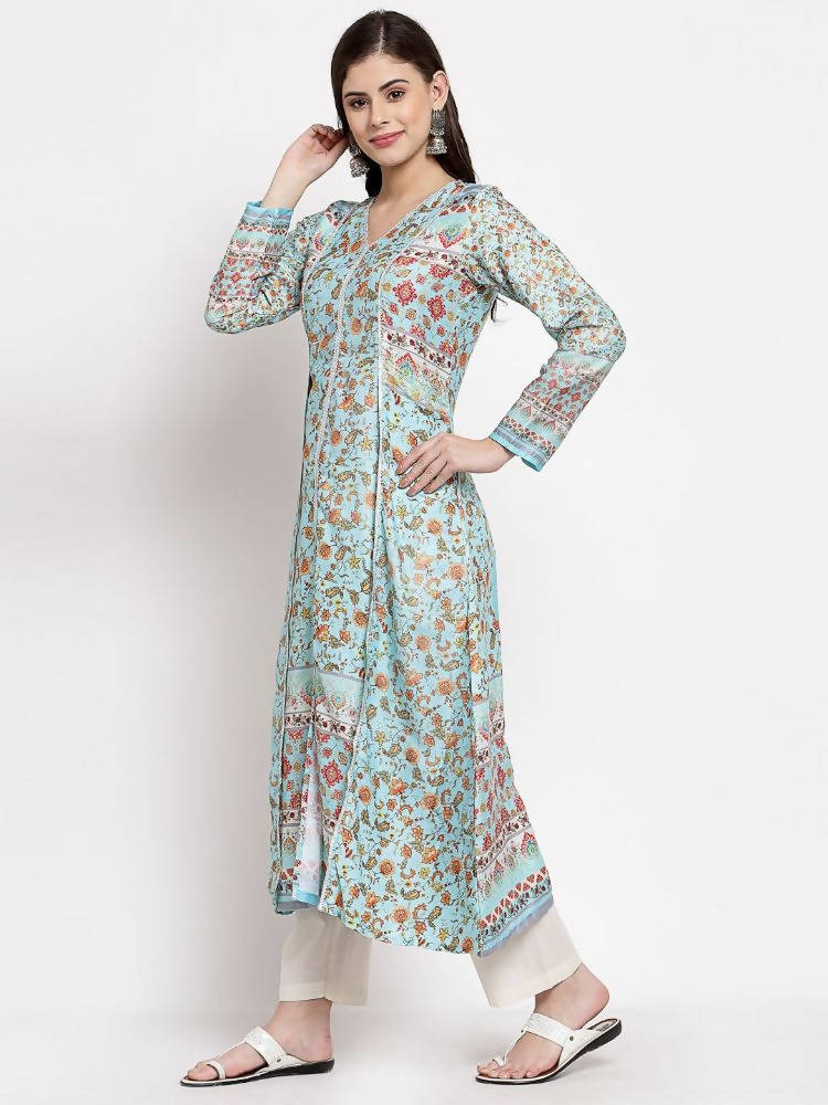 Myshka Women's Multi Cotton Printed Full Sleeve V Neck Casual Kurta
