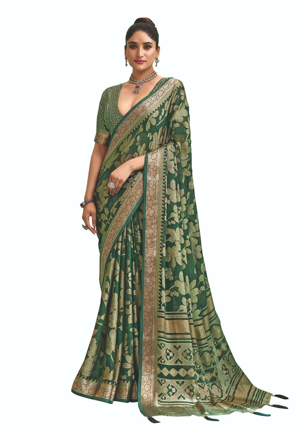 Joban Fashion Greendell Moss Brasso With Kasab Zari Border Saree & Tassels With Brasso Blouse - Distacart