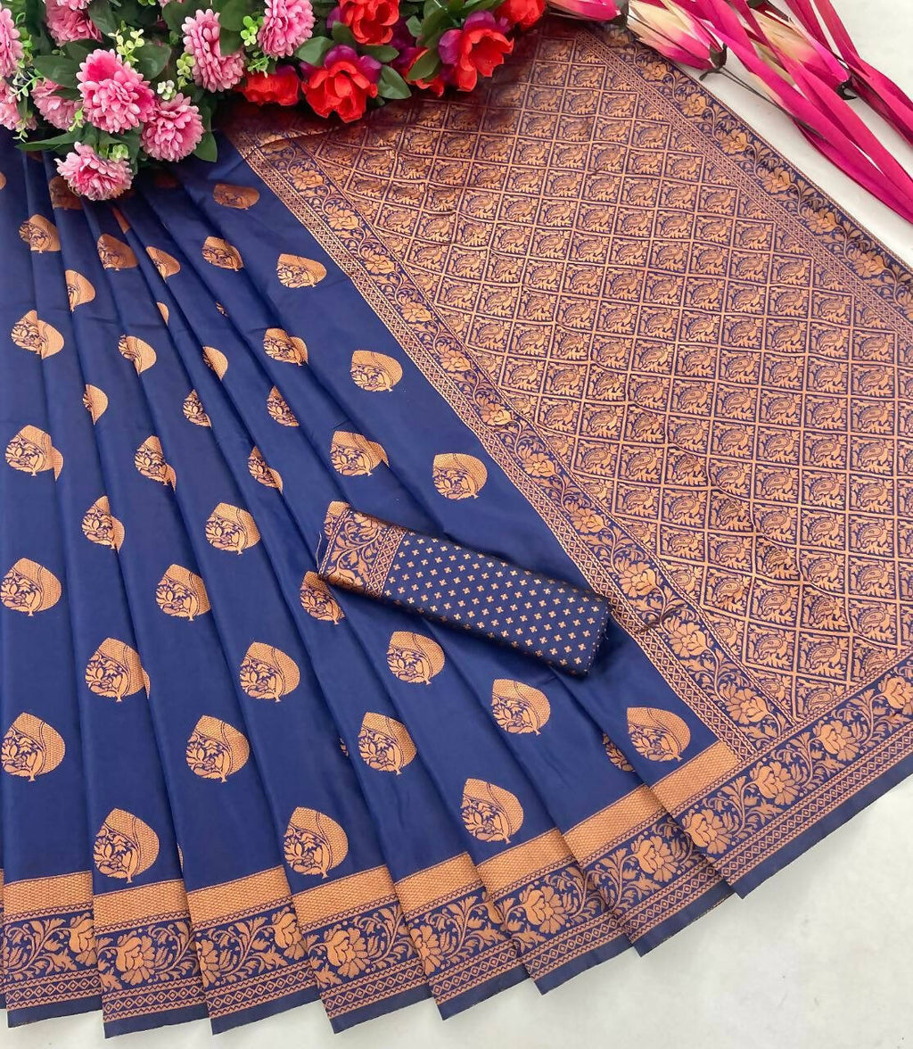 DEIANA'S Beautiful Designer Golden zari Soft Lichi Silk Saree - Blue