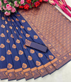 DEIANA'S Beautiful Designer Golden zari Soft Lichi Silk Saree - Blue