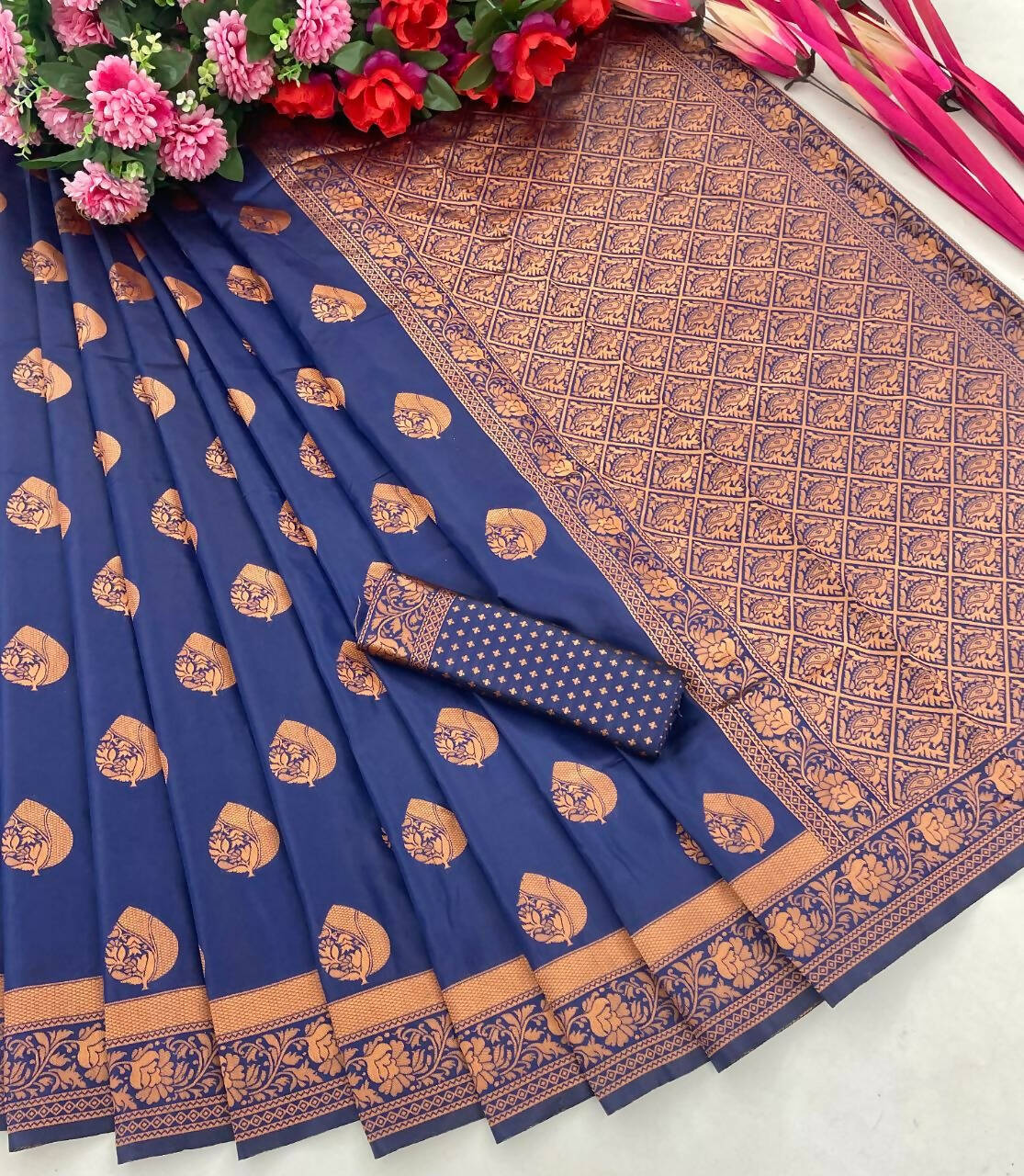 DEIANA'S Beautiful Designer Golden zari Soft Lichi Silk Saree - Blue