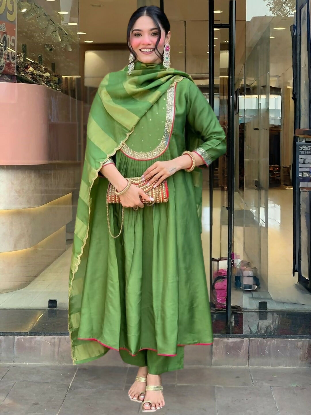 The52 Light Green Women's Gorgeous Embroidered Work Chanderi Fabric Flared Kurta Pant and Dupatta Set - Distacart