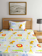 Home Sizzler White & Orange Cartoon Characters 210 TC Bedsheet with Pillow Covers - Distacart