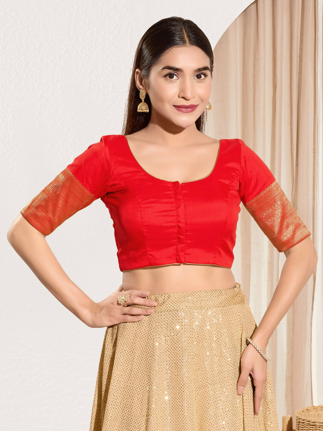 Joban Fashion Red Taffeta Silk Padded Blouse With Round Neck Elbow Sleeves - Distacart