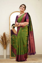 DEIANA'S Beautiful Designer Golden zari Soft Lichi Silk Saree - Mehndi