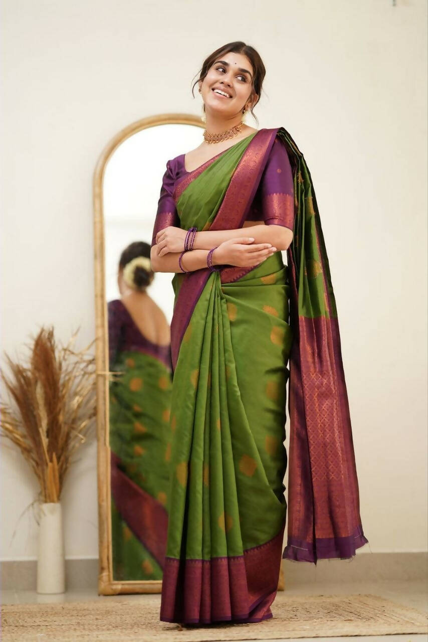 DEIANA'S Beautiful Designer Golden zari Soft Lichi Silk Saree - Mehndi