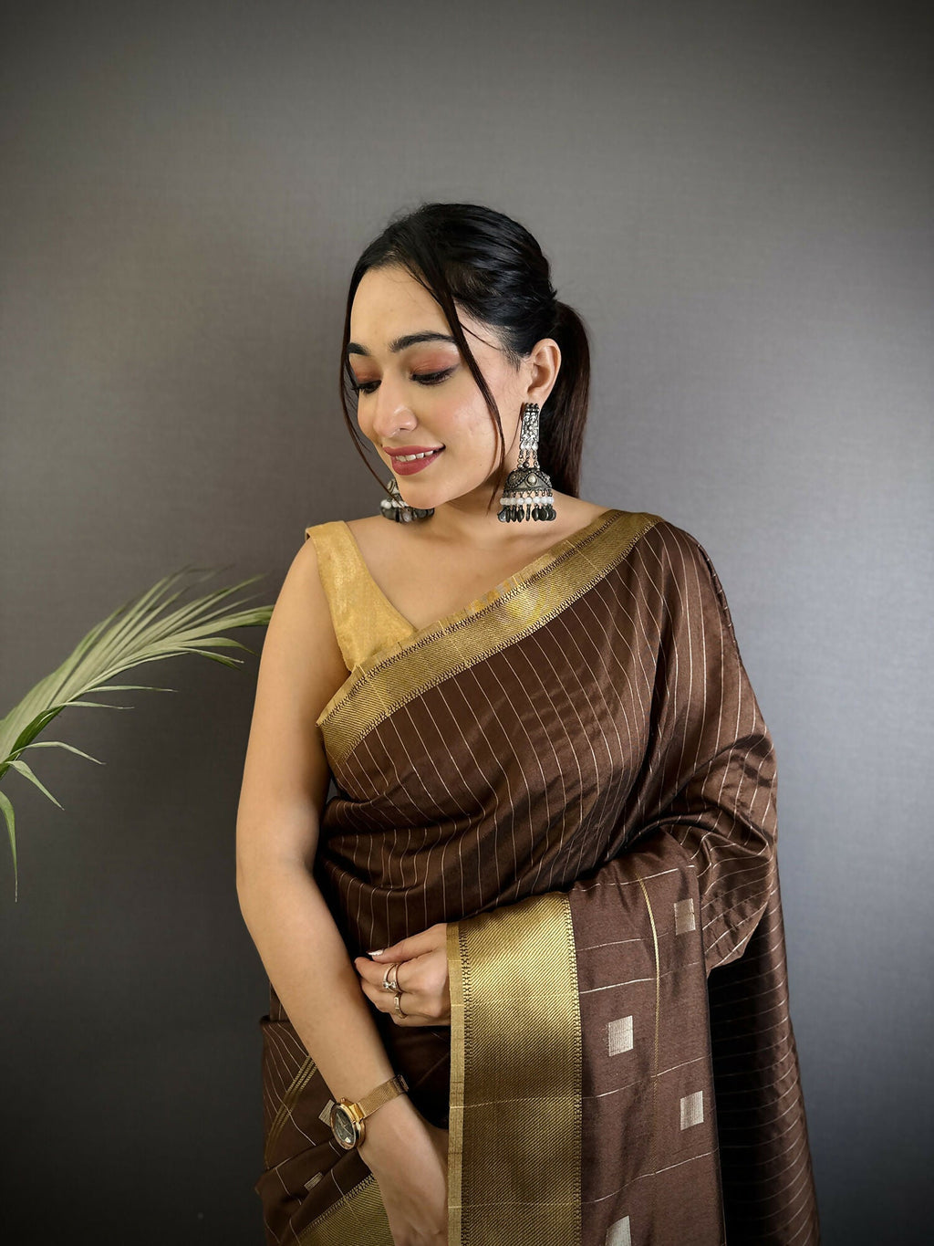 Joban Fashion Chocolate Brown Bhagalpuri Cotton Silk Stripes/Box Saree - Distacart