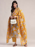 Aavyora Women Yellow Floral Printed Kurta with Striped Pants & Dupatta Set