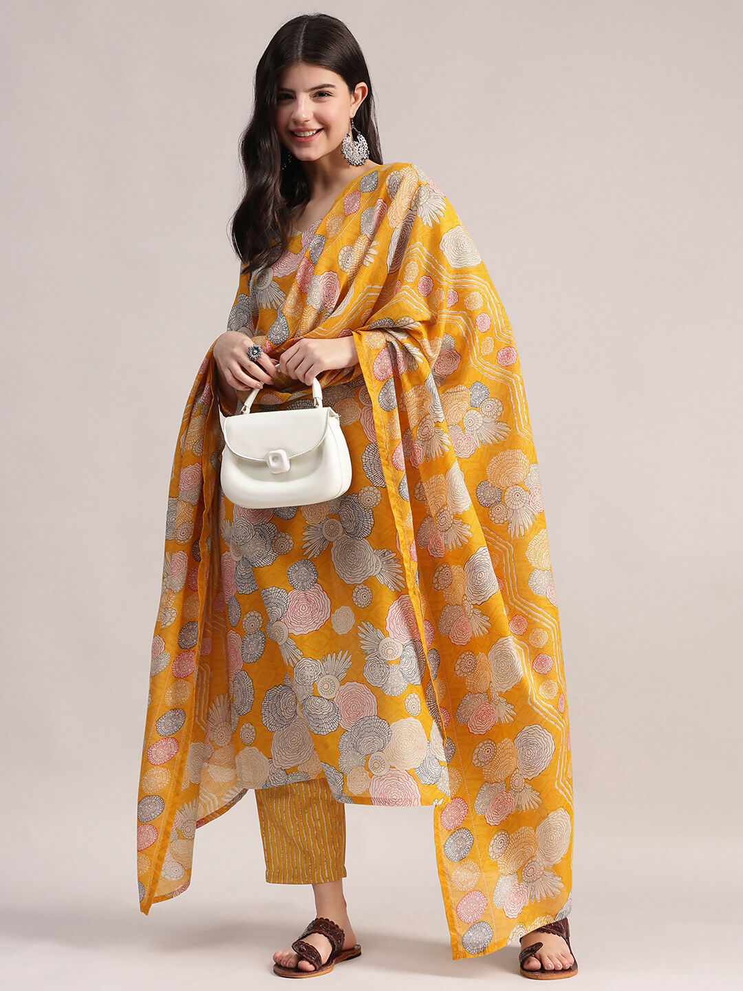 Aavyora Women Yellow Floral Printed Kurta with Striped Pants & Dupatta Set