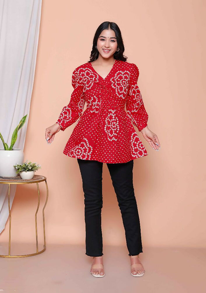 Miravan Womens Red Bandhani Printed Cotton Butterfly Design Top