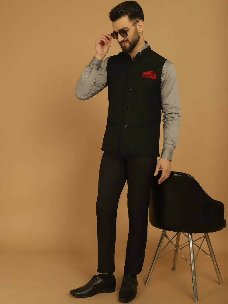 Even Apparels Nehru Jacket With Welt Pockets - Black