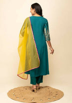 FIORRA Women's Teal Blue Crepe A-Line Kurta Pant with Dupatta
