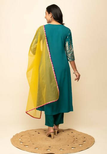 FIORRA Women's Teal Blue Crepe A-Line Kurta Pant with Dupatta