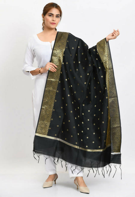 Mominos Fashion Moeza Women's Banarsi Silk Woven Design Black Dupatta