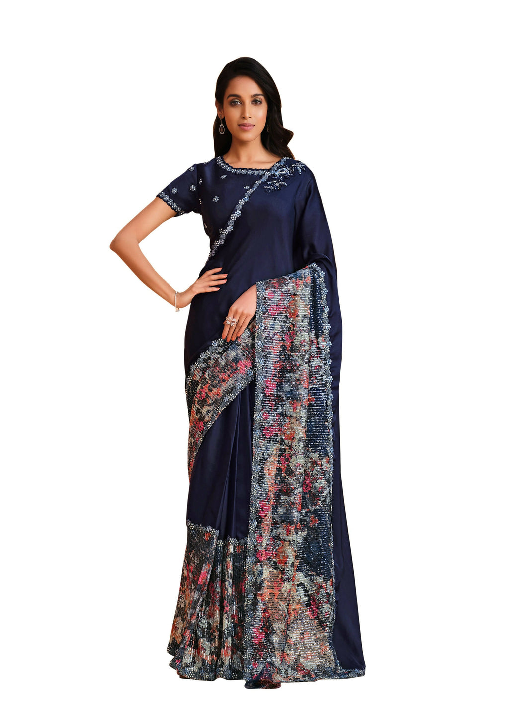 Blue Satin Crepe Silk Sequence Embroidered Saree With Unstitched Blouse - Mohmanthan Yavanika