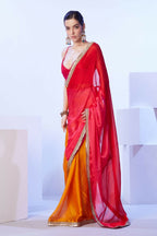 Red Satin Moss Solid Designer & Lace Work Saree - Samaa