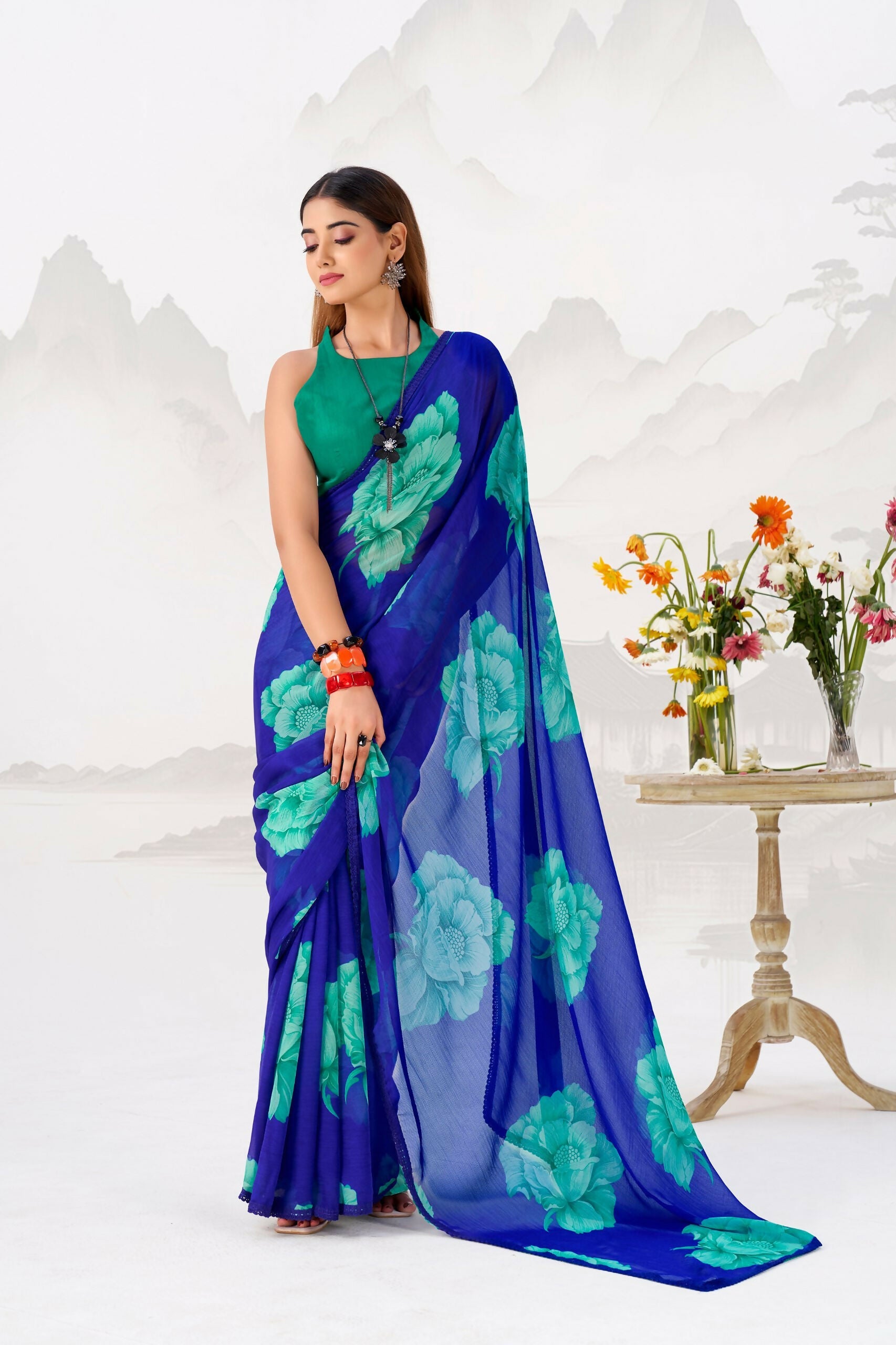 Vastranavya Royal Blue Floral Print with Lace Border work Chiffon Saree & Unstitched Blouse - Distacart