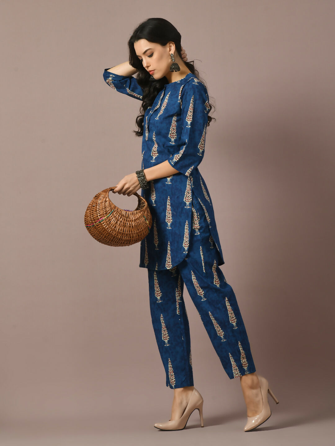 Myshka Women's Blue Printed Cotton Round Neck Party Tunic With Trousers Co-ord set