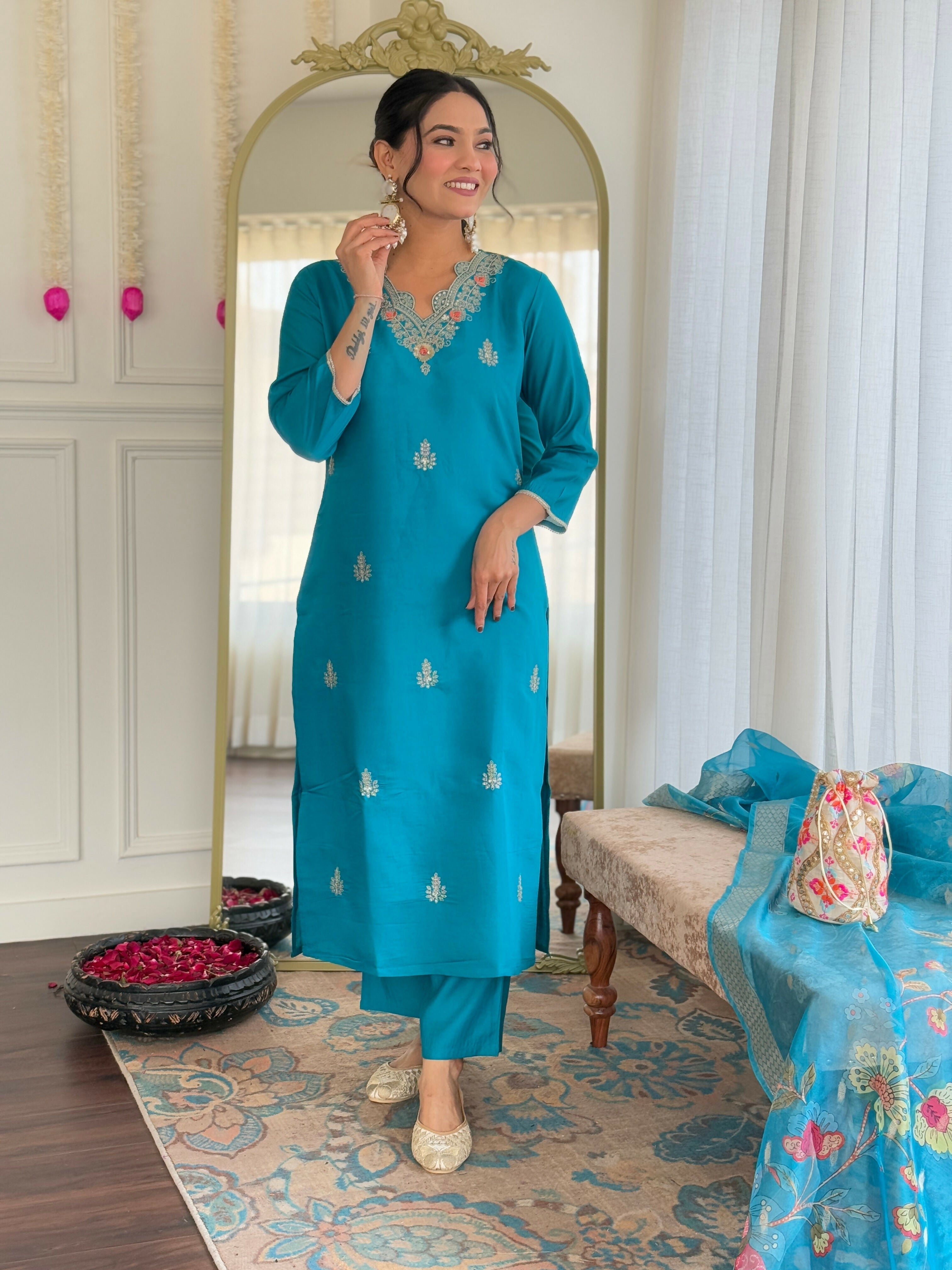 The52 Blue Women's Gorgeous Viscose Fabric Embroidered Work Straight Kurta, Pant and Dupatta Set - Distacart