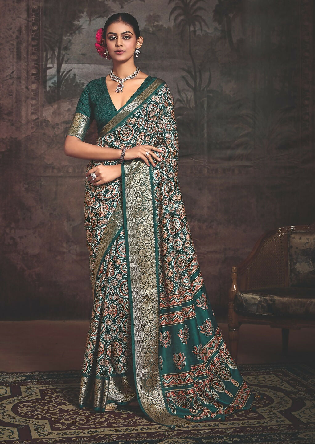 Joban Fashion Teal Green Art Silk With Fine Viscose Border Ajrak Full Body Print With Soft Finish Saree - Distacart