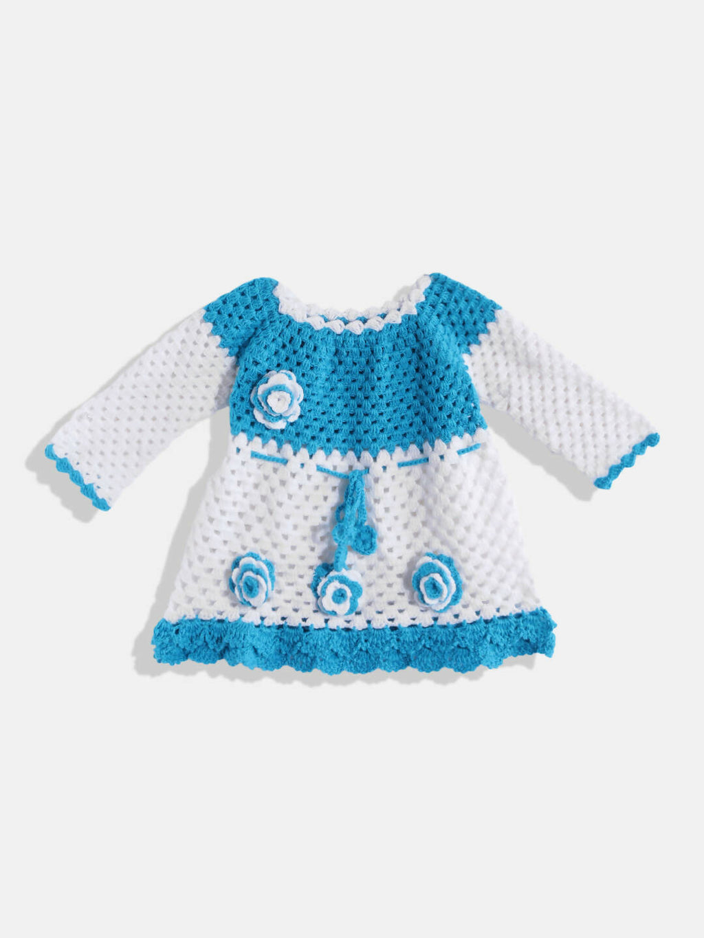 Chutput Kids Woollen Hand Knitted Full Sleeves Rose Work Dress For Baby Girls - White