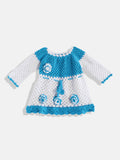 Chutput Kids Woollen Hand Knitted Full Sleeves Rose Work Dress For Baby Girls - White