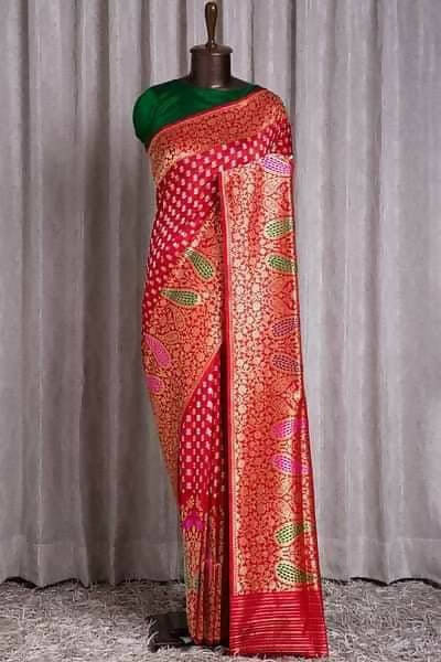 DEIANA'S Beautiful Designer Golden zari Soft Lichi Silk Saree - Red