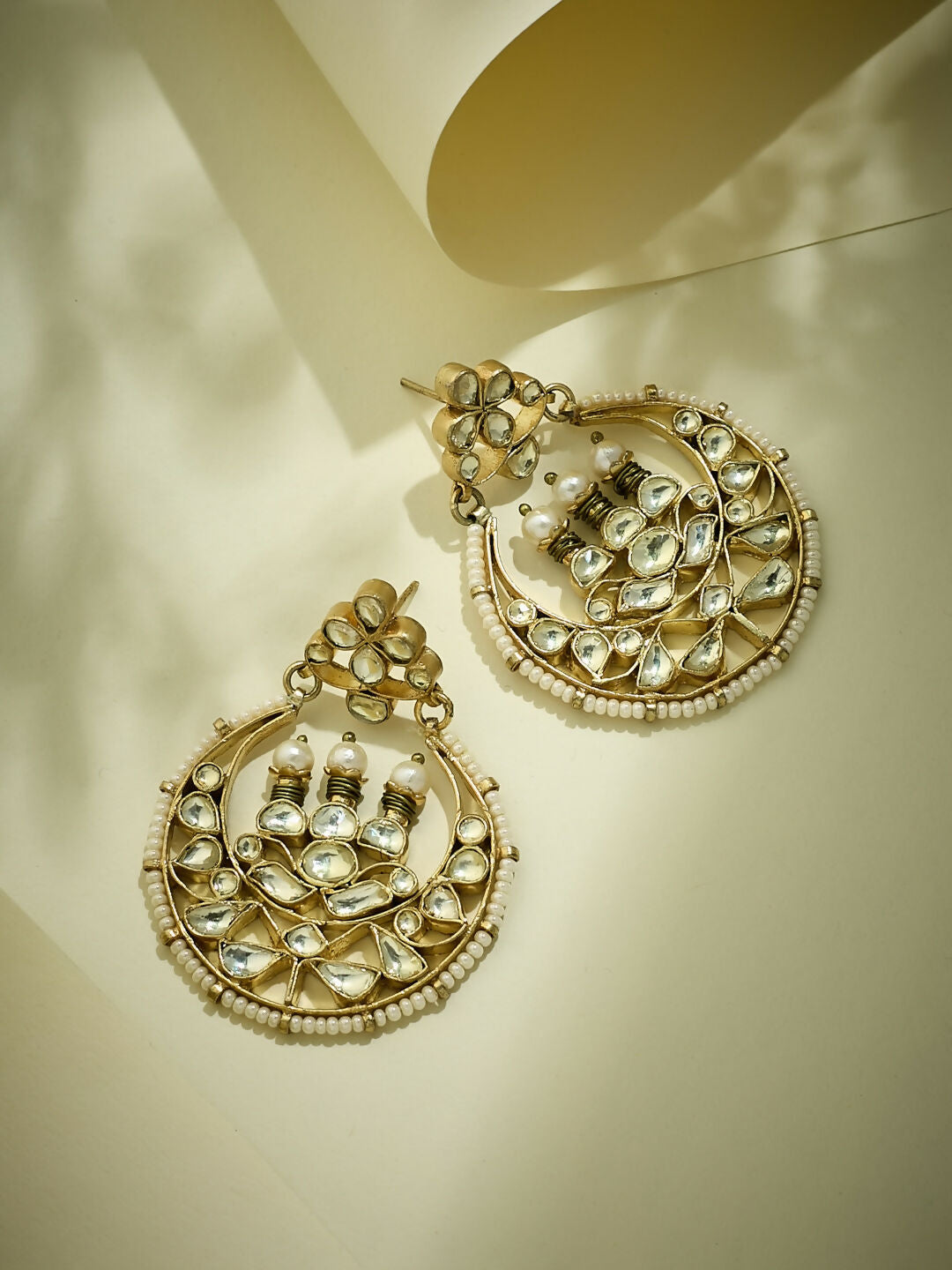 Nuyug 22K Gold-Plated Elegant Kundan Stone Studded & Pearl Beaded Chandbalis - Distacart