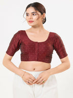 Joban Fashion Dark-Maroon Taffeta Silk Elbow Sleeveless Front Open Blouse