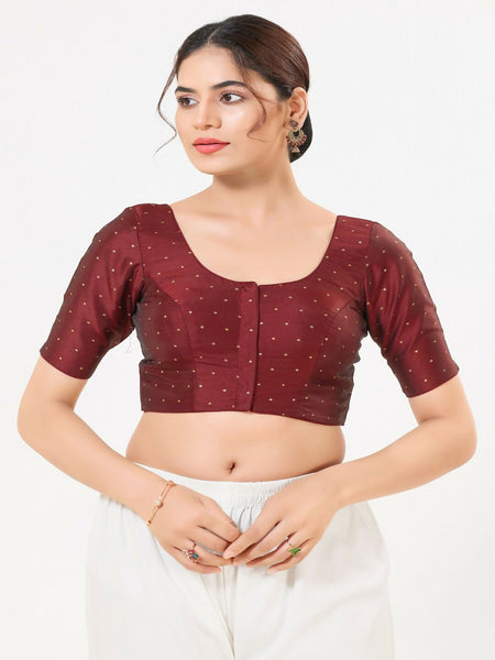 Joban Fashion Dark-Maroon Taffeta Silk Elbow Sleeveless Front Open Blouse