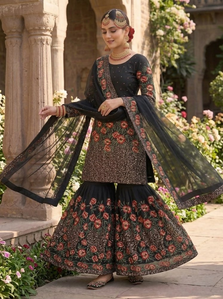 Teeya Creation Black Fendy Silk Heavy Embroidery Work Party Wear Sharara Suit - Distacart
