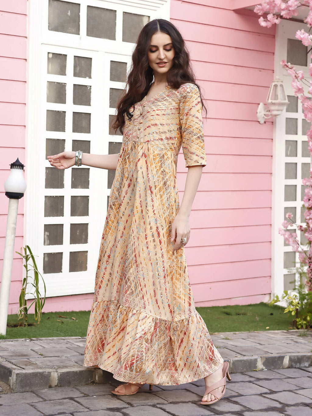 Peach Rayon Foil Printed Long Dress - Michan - Distacart