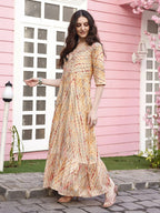 Peach Rayon Foil Printed Long Dress - Michan - Distacart