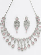 NVR Women Silver Plated & Pink Cz Stone Handcrafted Jewellery Set