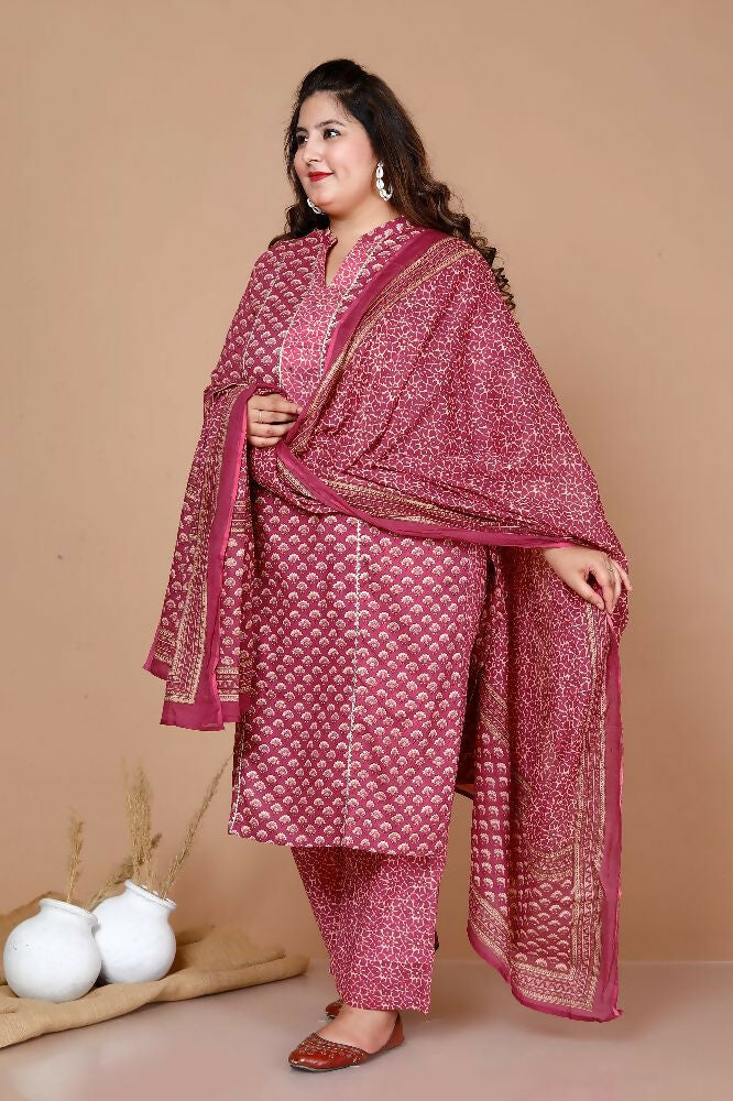 Miravan Women Plus Size Pink Straight Floral Printed Kurta & Palazzo With Dupatta - Distacart