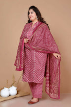 Miravan Women Plus Size Pink Straight Floral Printed Kurta & Palazzo With Dupatta - Distacart