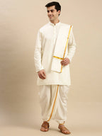 Ramraj Cotton Premium Wedding Cream Readymade Panchakacham,Kurta & Towel Set RP Jari