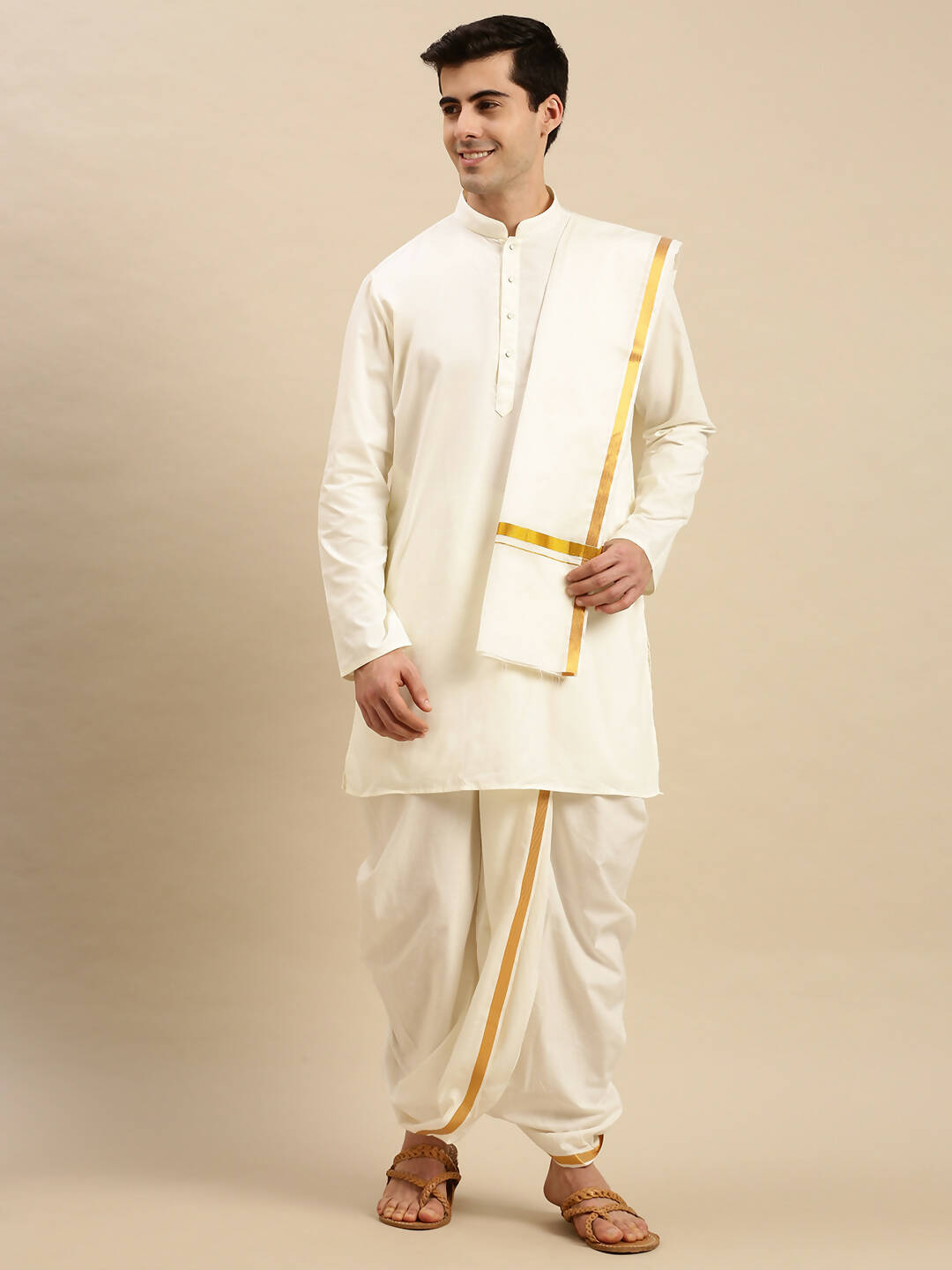 Ramraj Cotton Premium Wedding Cream Readymade Panchakacham,Kurta & Towel Set RP Jari