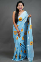 Exclusive Collection Sky Pure Cotton Saree With Sunflower Design - Distacart