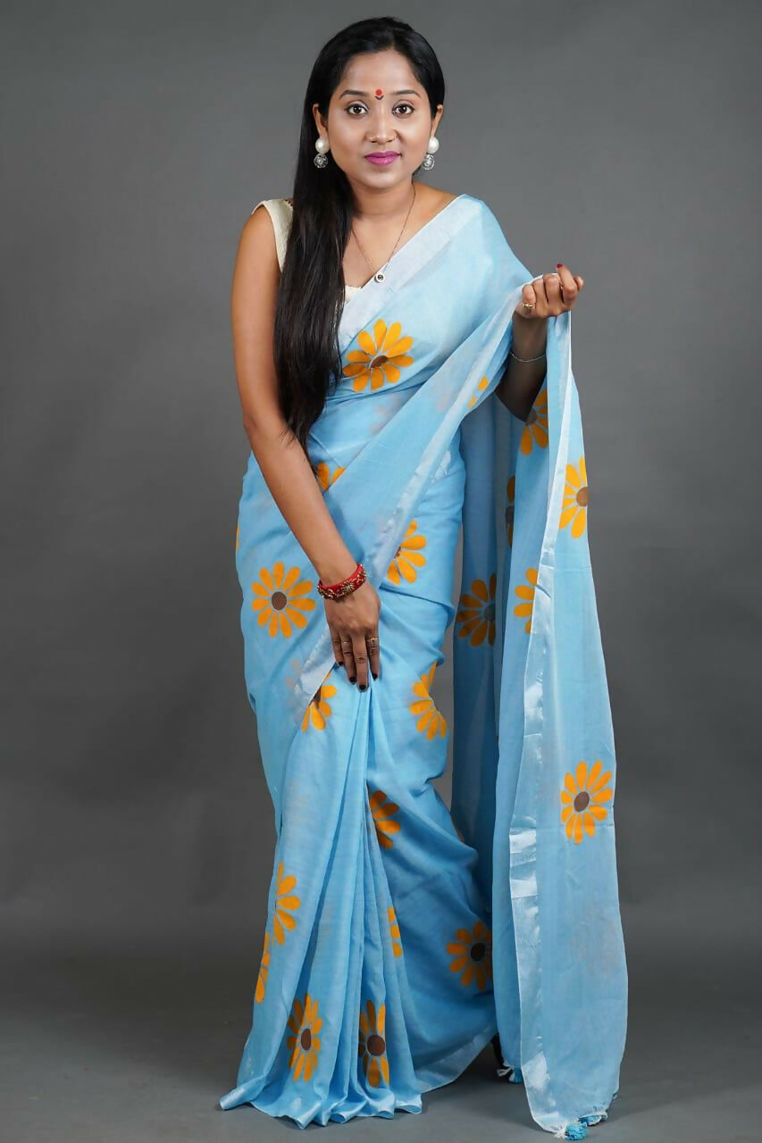 Exclusive Collection Sky Pure Cotton Saree With Sunflower Design - Distacart