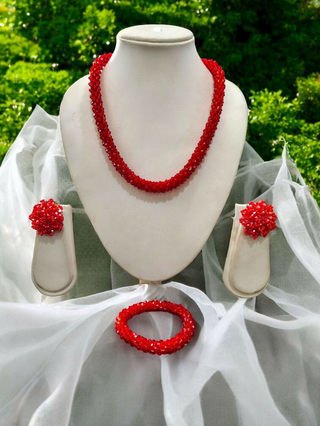 Inhanns Complete Look Crystal Statement 3-Piece Set (Adjustable Necklace + Earrings + Adjustable Bangle ) - Red