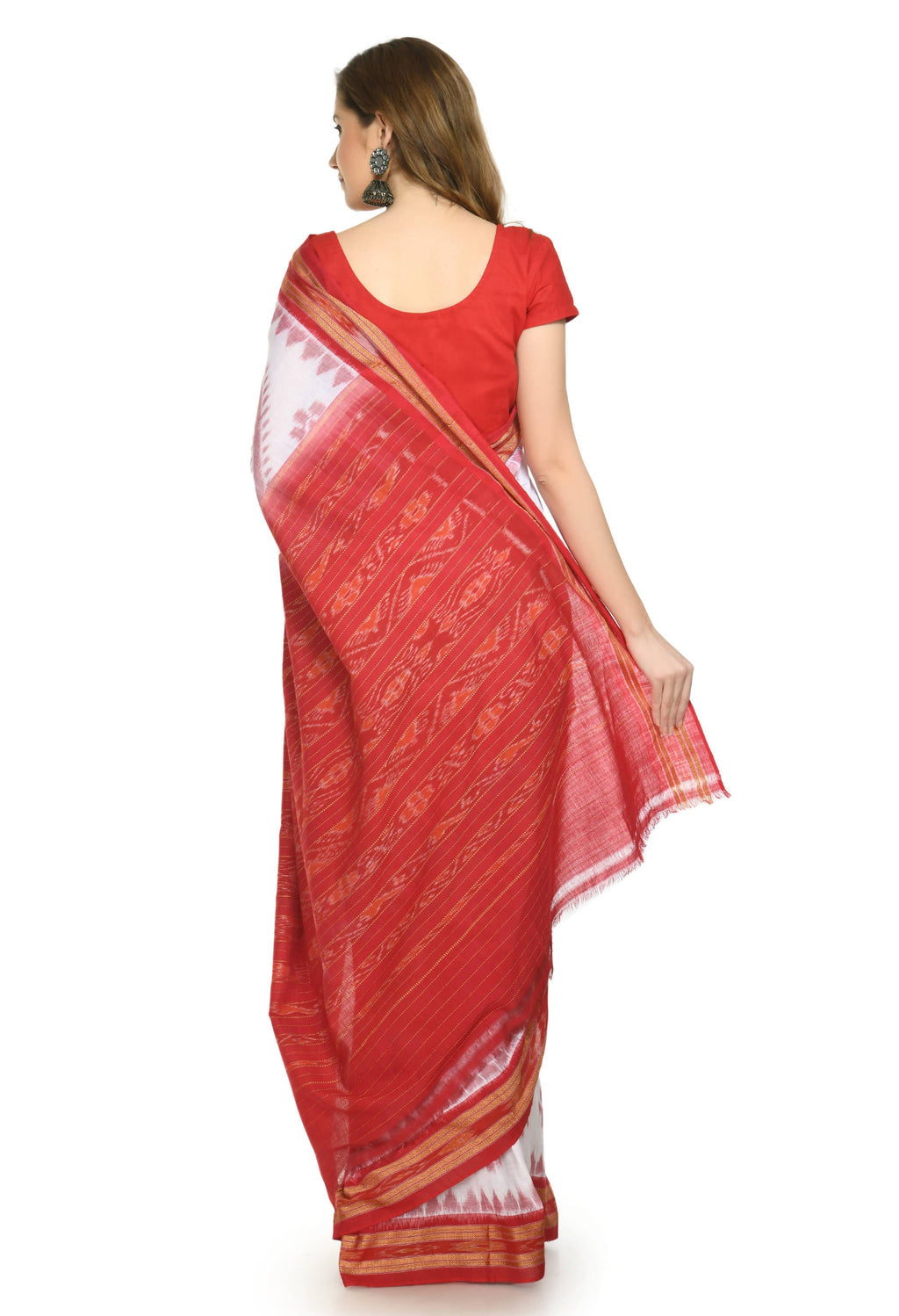 Vamika Sambalpuri Ikat Cotton Dehabandha Badafula White & Red Saree - Distacart