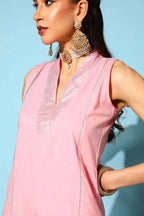 Ahalyaa Women Pink Colour Cotton Silver Foil Printed Kurta Pant Set - Distacart