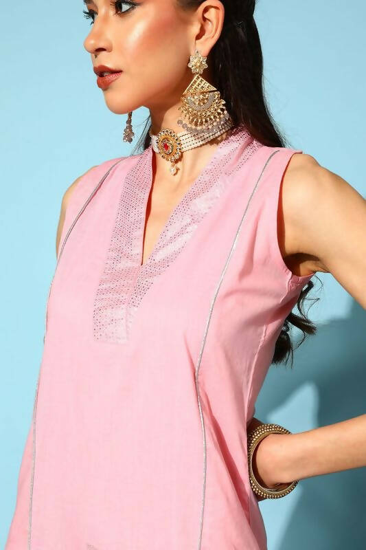 Ahalyaa Women Pink Colour Cotton Silver Foil Printed Kurta Pant Set - Distacart