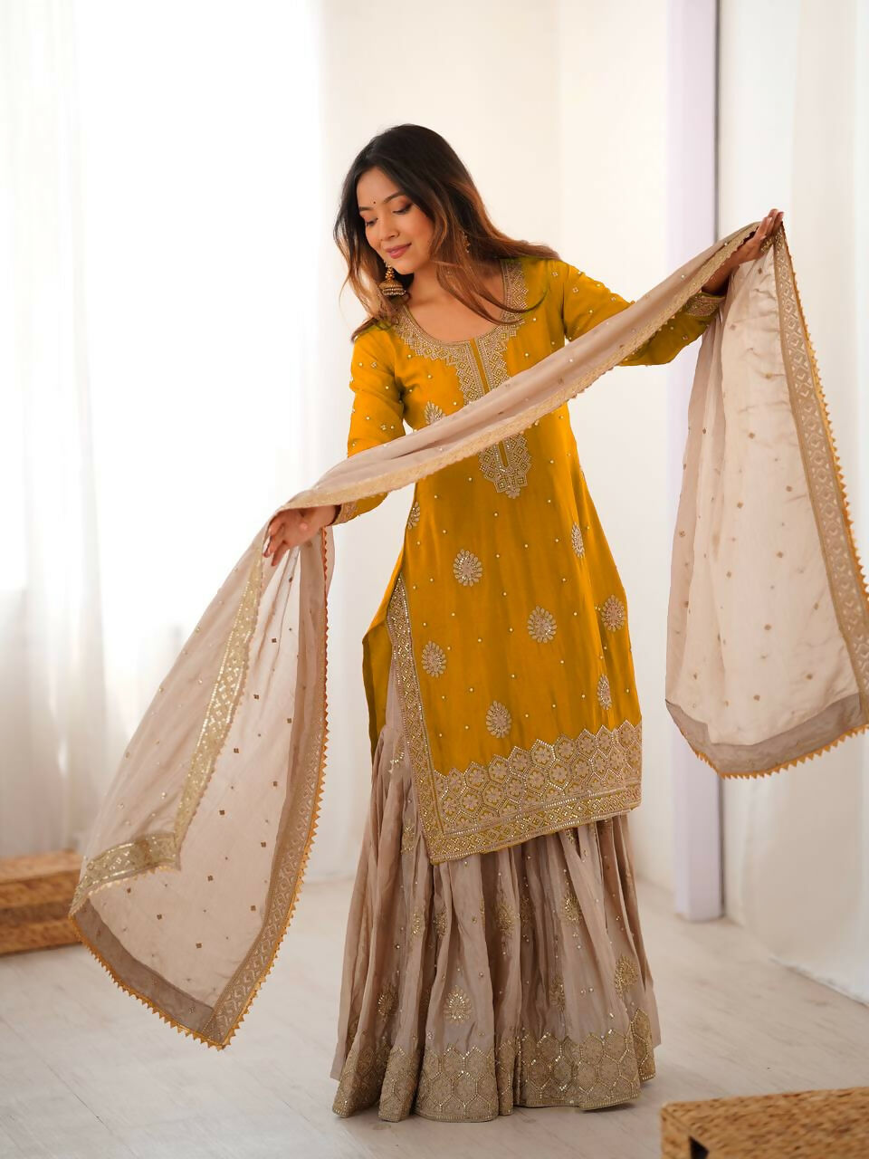 Lehenga Mart Designer Sharara Suit With Kurta, Sharara, Dupatta For Women-Yellow - Distacart